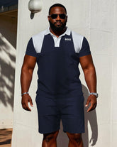 Royal Blue Boss Logo Printed Casual Short-sleeved POLO Shorts Set Big & Tall Men's